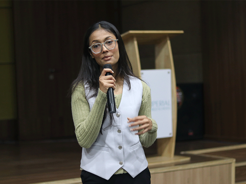 Dikshya Awasthi inspires Imperial World School students in Kathmandu during a 2024 leadership session for Grades 4 and 5.