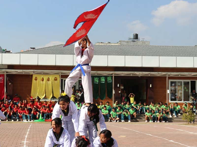 Imperial World School students compete at the 2024 Annual Sports Meet in Kathmandu, joined by Olympian Santoshi Shrestha in January 8, 2025.