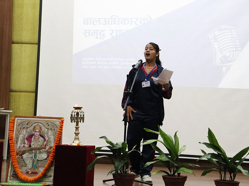 Students recite poems at the 2024 Interschool Poem Competition on Baaladhikar at Imperial World School, Kathmandu, September 13.