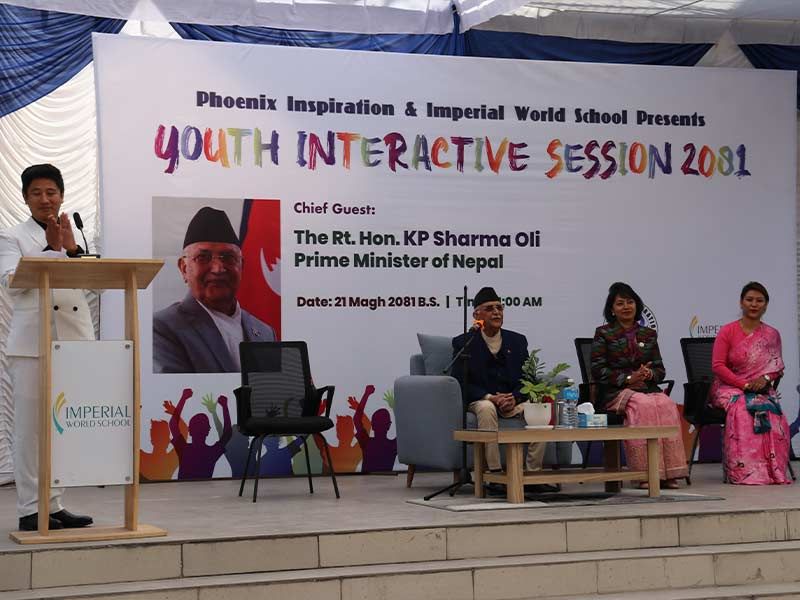 Nepal PM KP Sharma Oli speaks at Imperial World School's Youth Interactive Session 2081, 10 Feb 2025, with students and tree planting ceremony.